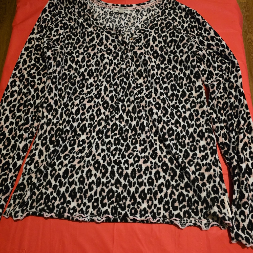 Thalia Sodi Black and Cream Animal Print Long Sleeve Top